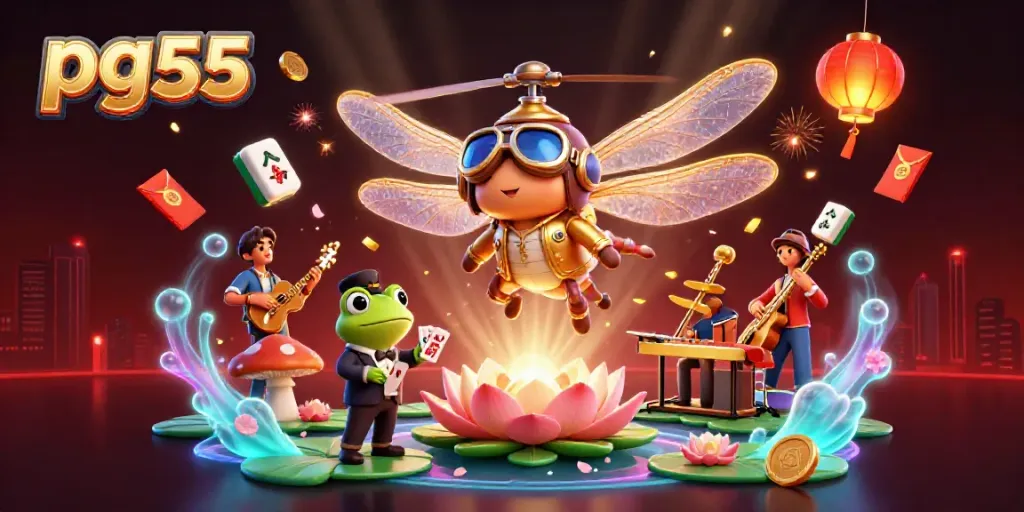 Experience thrilling gaming at pg55 with a vibrant lily pad casino scene featuring unique characters and festive elements.