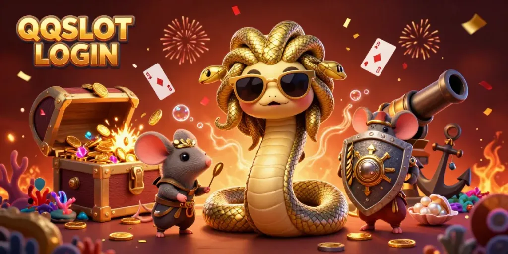 Experience the thrill of QQSLOT LOGIN with Medusa and warrior mouse amidst a colorful casino scene filled with treasures.