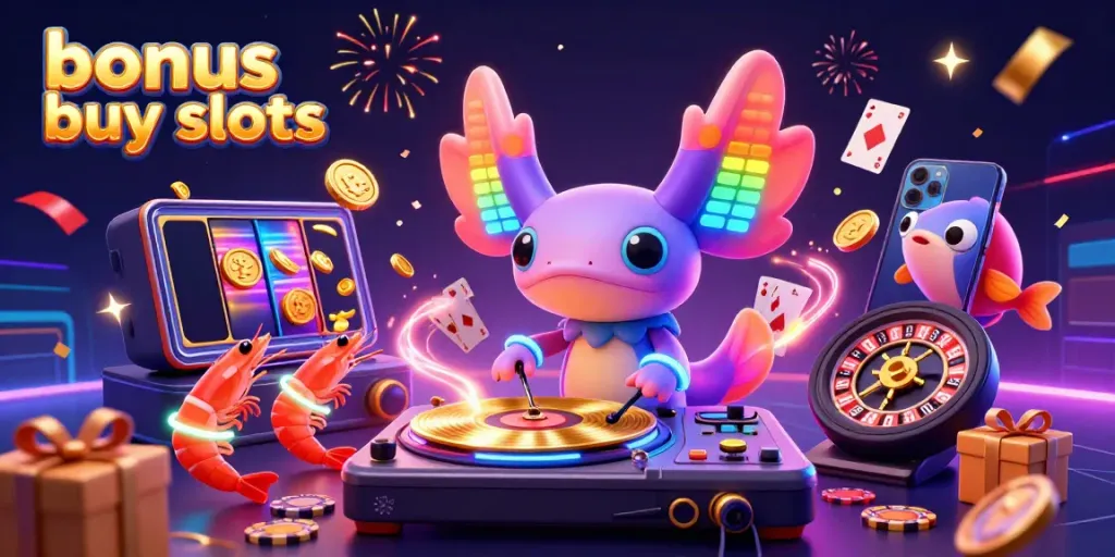Engage with exciting bonus buy slots showcased in a vibrant 3D scene featuring animated casino elements.