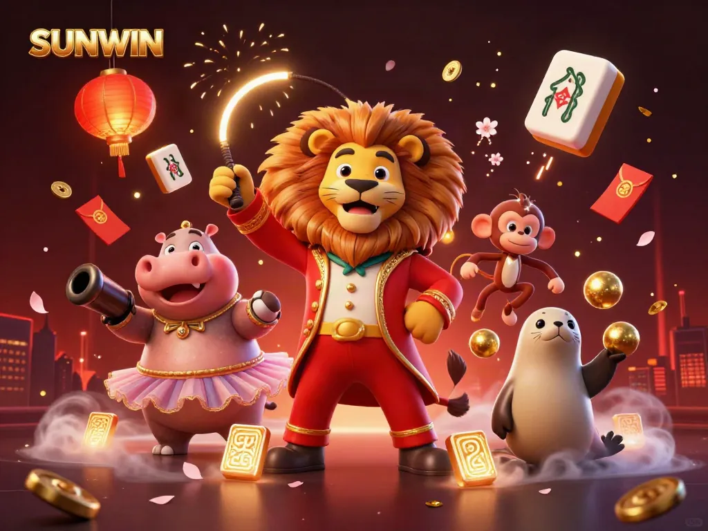 Experience the excitement of SUNWIN with a vibrant casino illustration featuring a lively circus theme and dynamic gaming elements.