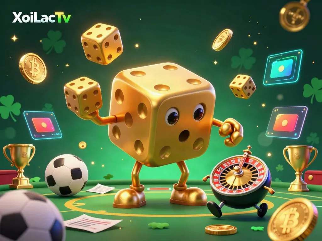 XoiLacTv showcasing a vibrant sports betting scene with a dynamic golden dice golem and casino elements.