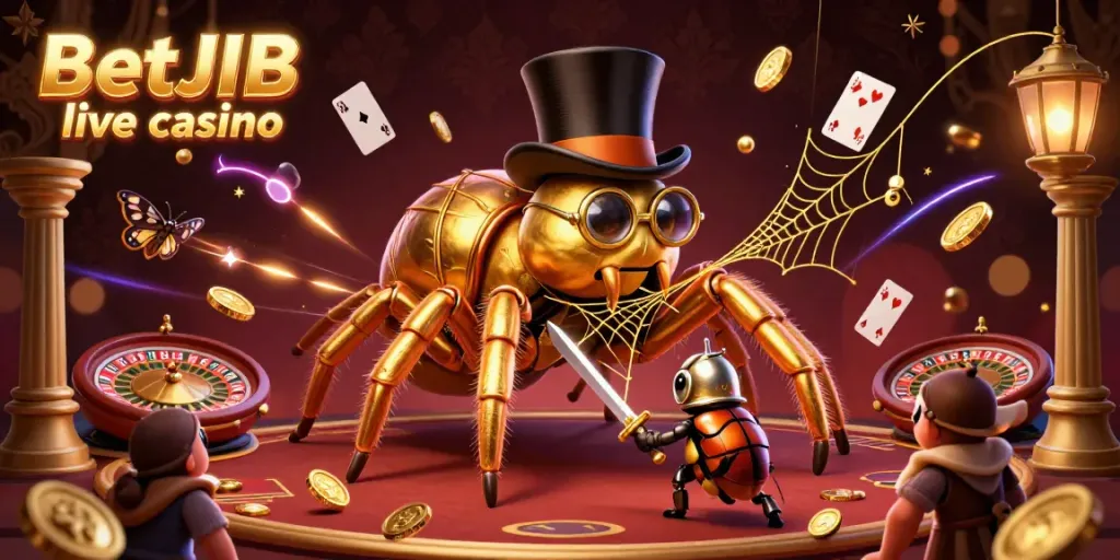 Engage with BetJDB live casino, a vibrant scene of a golden tarantula and beetle knight surrounded by live gaming elements and coins.