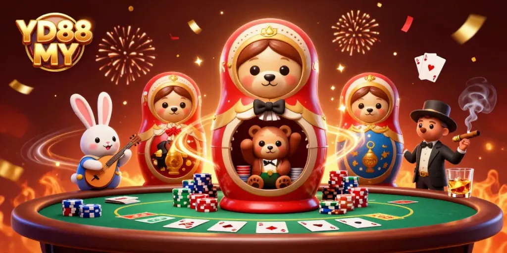 Bet on exciting games at YD88 MY featuring vibrant casino scenes and engaging characters.