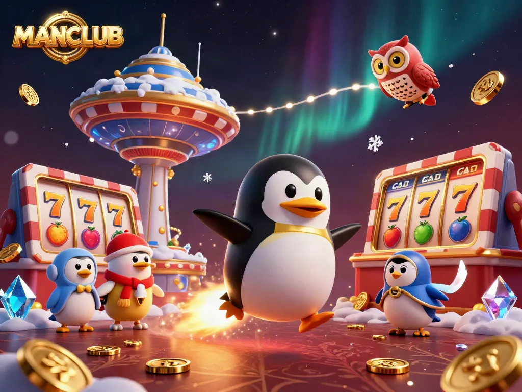 Engage in the thrilling world of MANCLUB where a golden penguin races towards a vibrant casino!