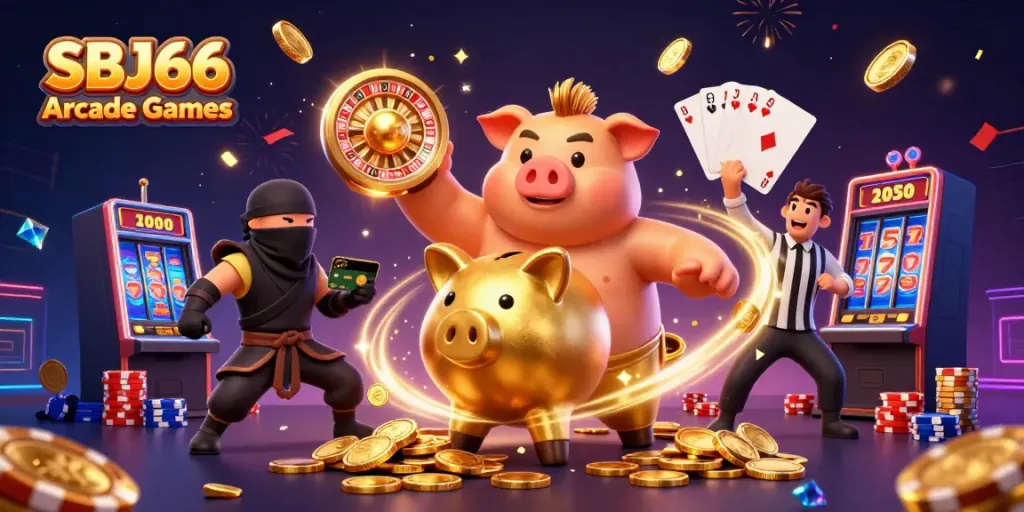 Engage in SBJ66 Arcade Games with dynamic characters, golden coins, and thrilling casino elements.