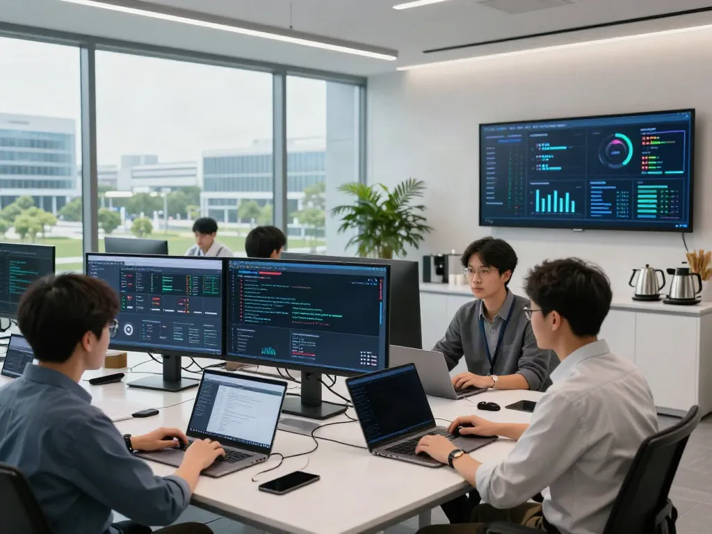 AI infrastructure workspace with data scientists collaborating over AI analytics displays in a modern facility.