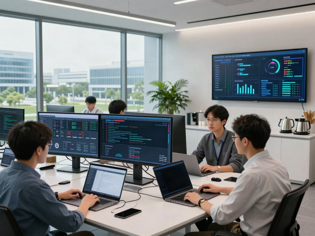 AI infrastructure workspace with data scientists collaborating over AI analytics displays in a modern facility.