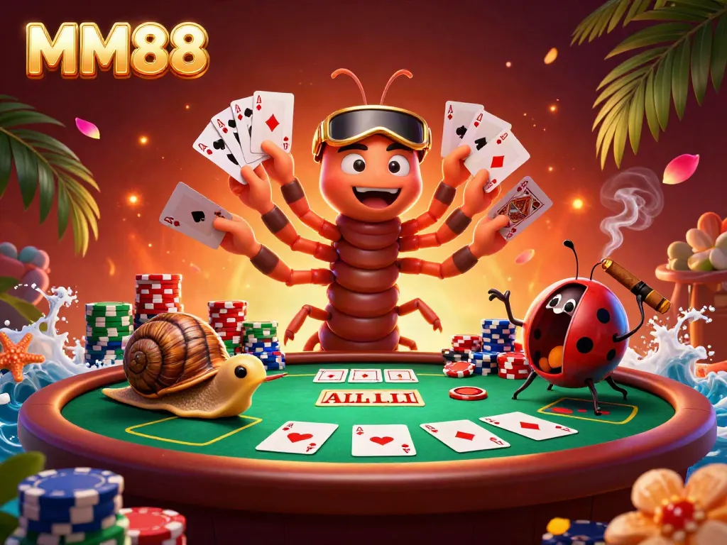 MM88 dealer and characters create excitement at a lively casino table with cards and chips.