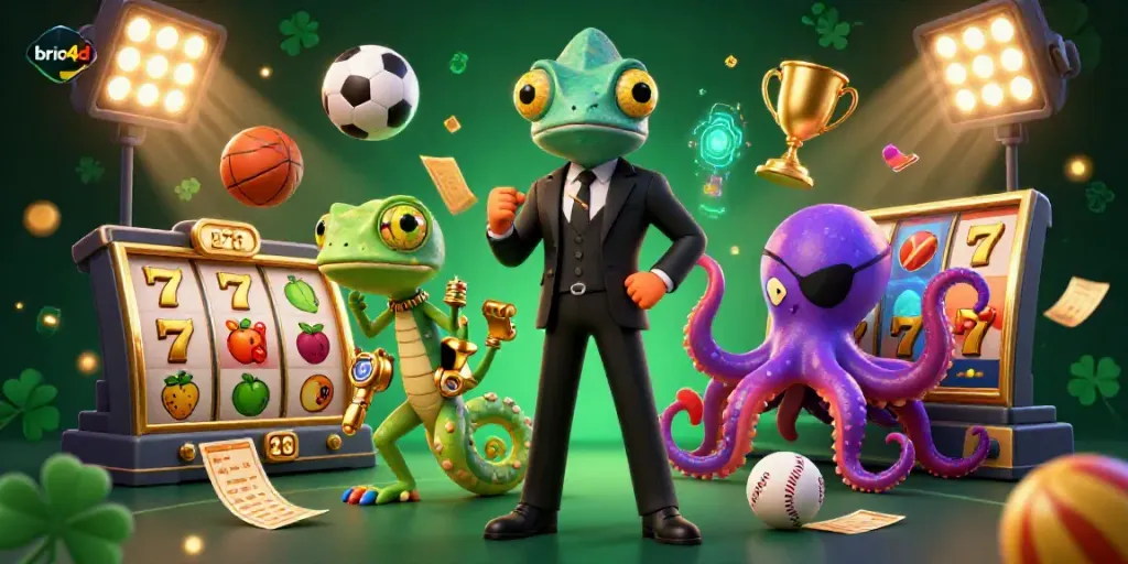 Engage in thrilling slot games at brio4d with a dynamic scene of colorful slots, sports elements, and vibrant characters.