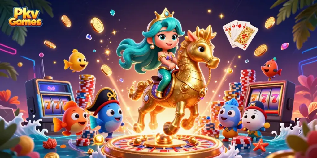 Experience thrilling Pkv Games with vibrant mermaid-themed casino visuals and dynamic elements.