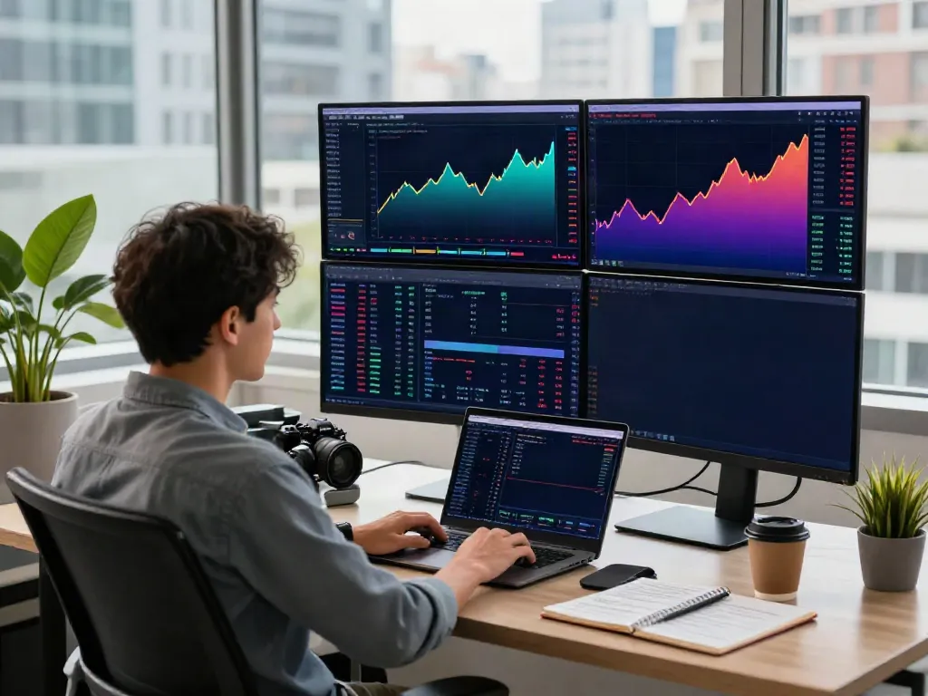 Trader analyzing TradingView charts on multiple monitors in a modern workspace