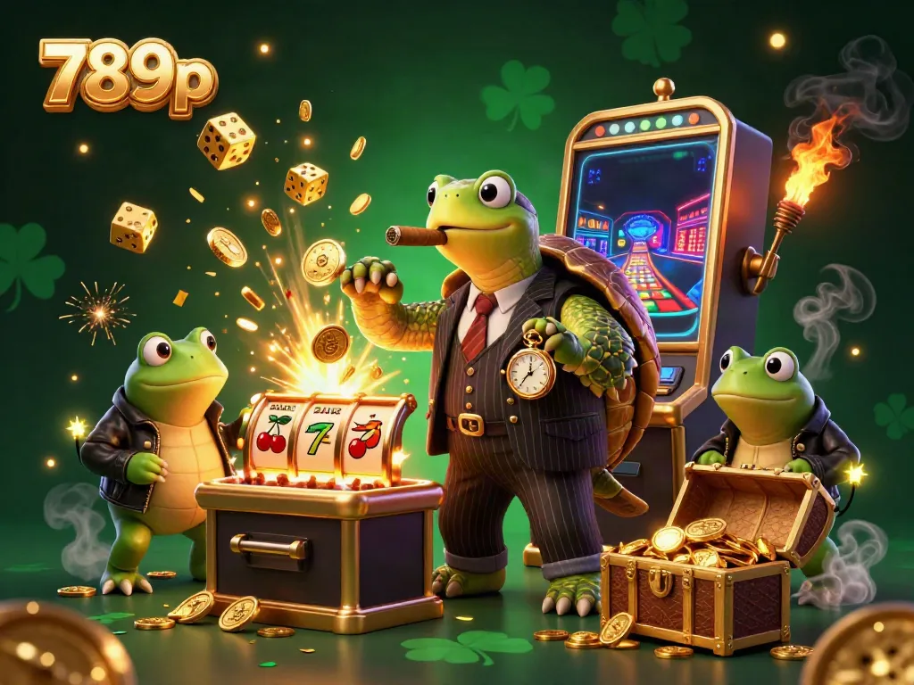 Experience the excitement of 789p with a casino scene featuring a cartoon turtle and slot machines.