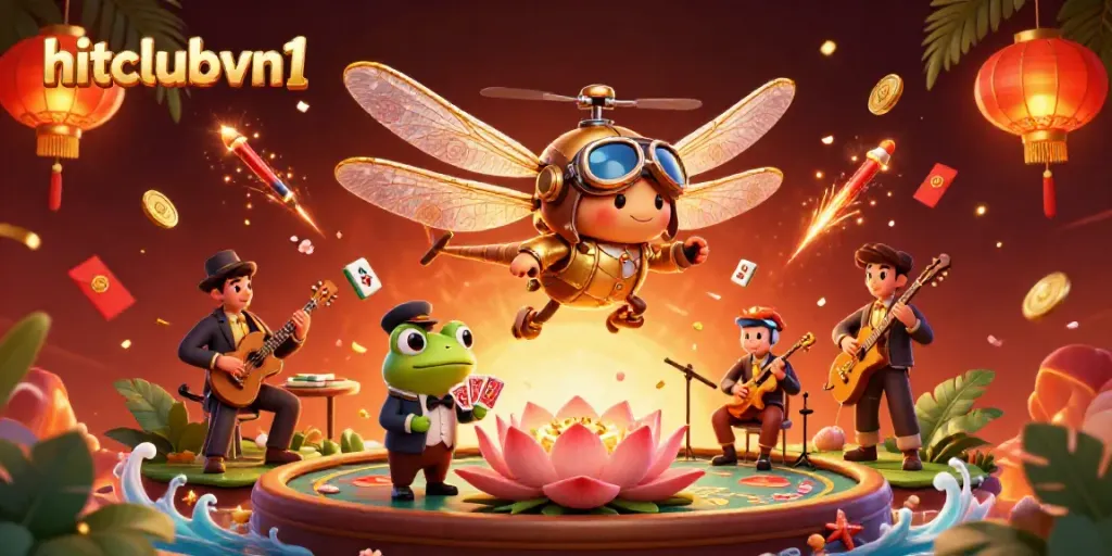 Experience the thrill at hitclubvn1 with this vibrant casino scene featuring a dragonfly pilot and frog croupier.