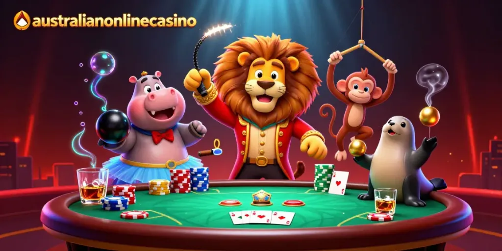 Experience the thrill of australianonlinecasino with whimsical characters rising from a poker game extravaganza.