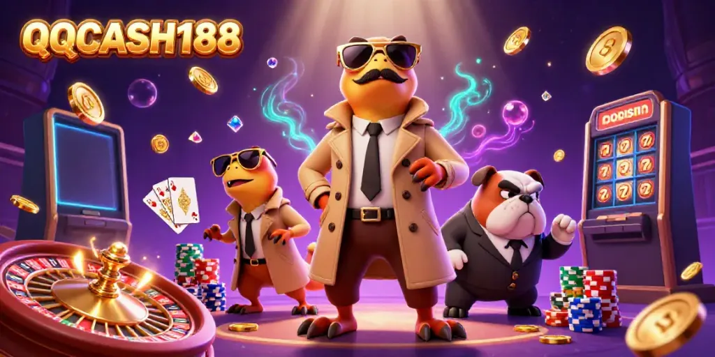 Engage with QQCASH188 while raptors in disguise impress at a VIP casino lounge, surrounded by dynamic gaming elements.
