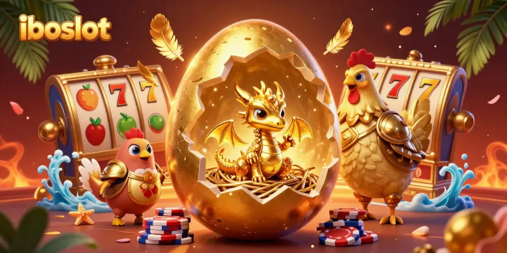 Engage with iboslot, a vibrant scene of a golden egg and dragon set in a lively casino atmosphere.