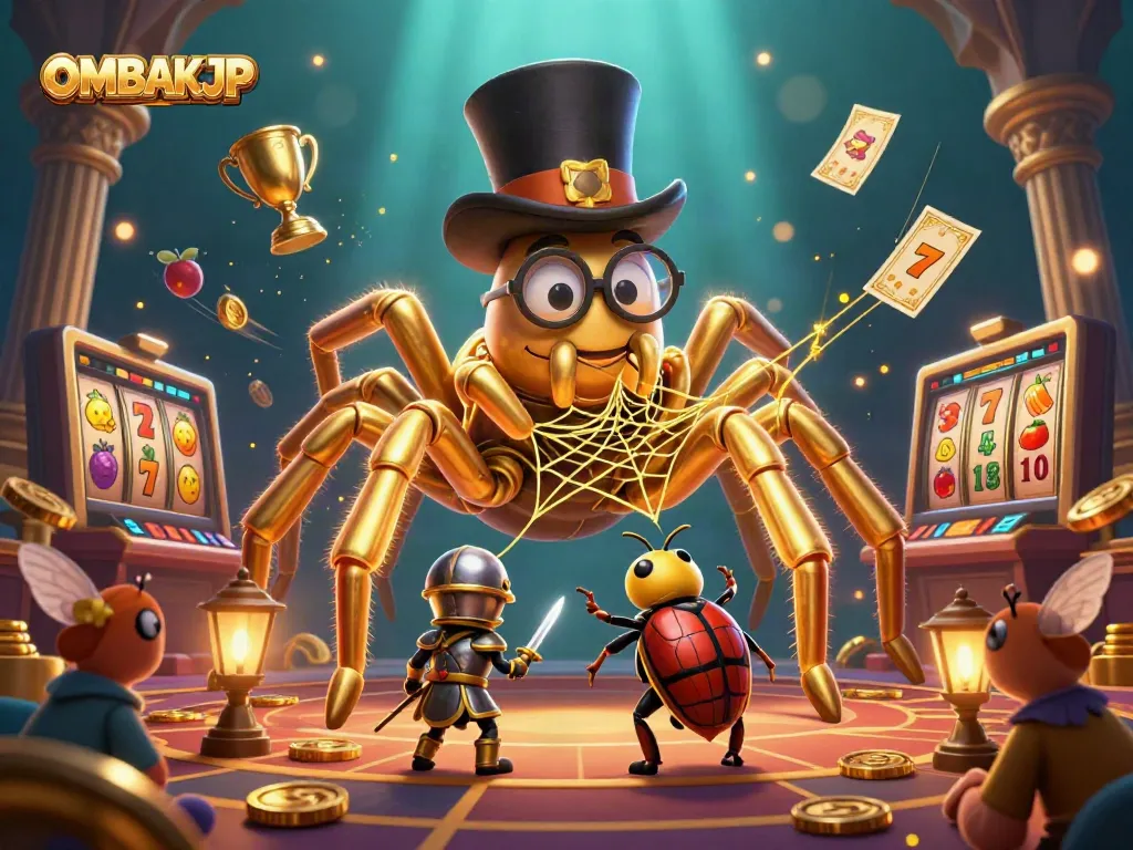 Experience the thrilling OMBAKJP jackpot scene with a golden tarantula and beetle knight among dynamic casino elements.