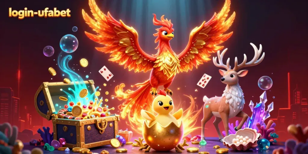Engage with the vibrant magic of login-ufabet as a fire phoenix soars with a mystical stag in this captivating casino scene.