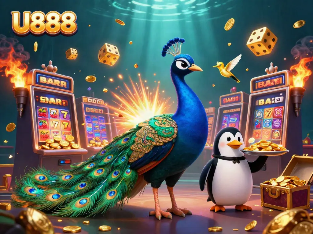 Experience vibrant casino excitement with U888's 3D illustration featuring a peacock and lavish slot elements.
