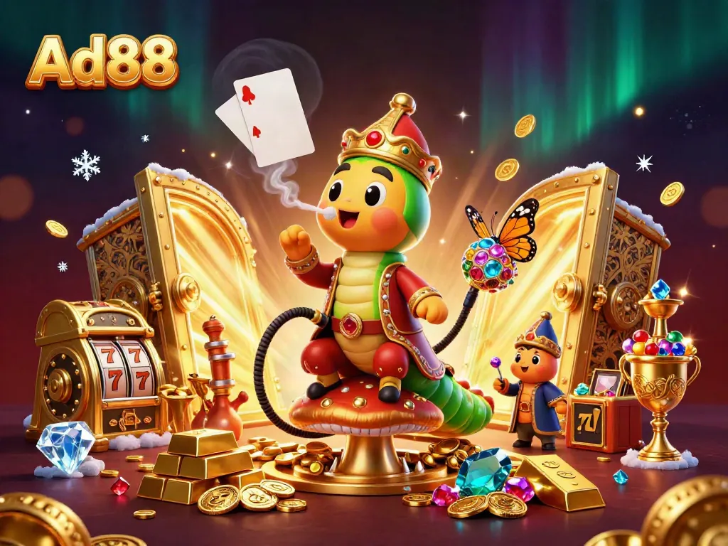 Ad88 casino scene featuring a cartoon caterpillar hookah-master in a luxurious setting with poker symbols.