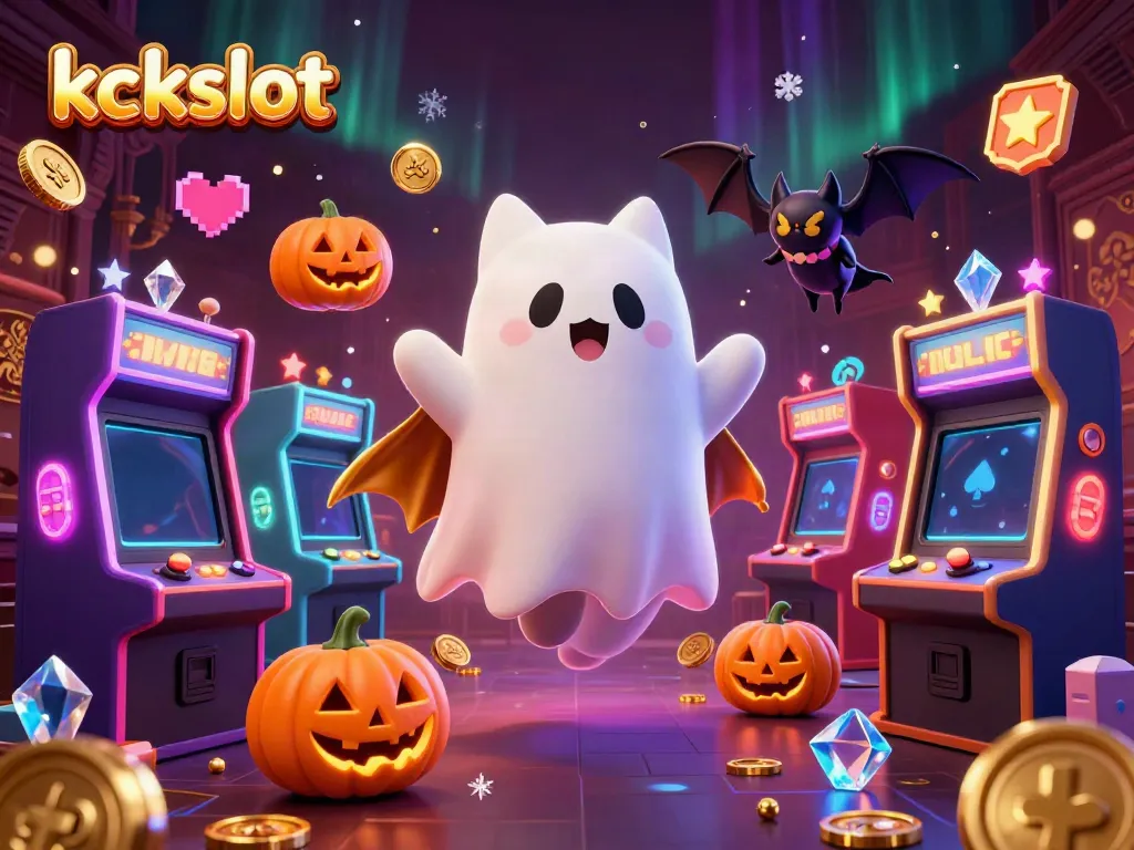Mengguncang permainan slot di kckslot, kucing hantu bersahabat dan kelelawar vampir dikelilingi mesin arcade berwarna-warni.