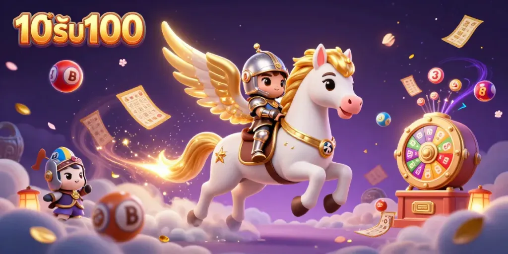 สนุกไปกับโปรโมชั่น 10รับ100 ในภาพที่เห็นม้าเวทมนตร์และรางวัลจำนวนมาก