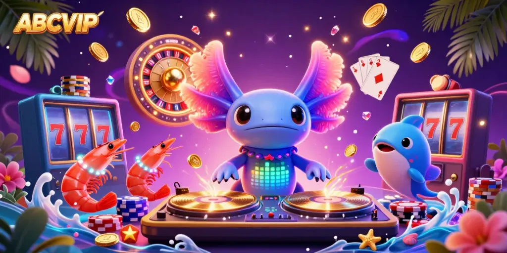 Experience thrilling electronic gambling with ABCVIP's vibrant casino scene featuring lively characters and games.