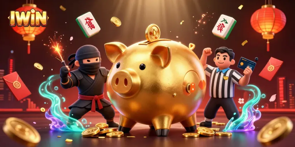 IWIN offers an exciting casino experience with a golden piggy bank sumo wrestler and animated game elements.