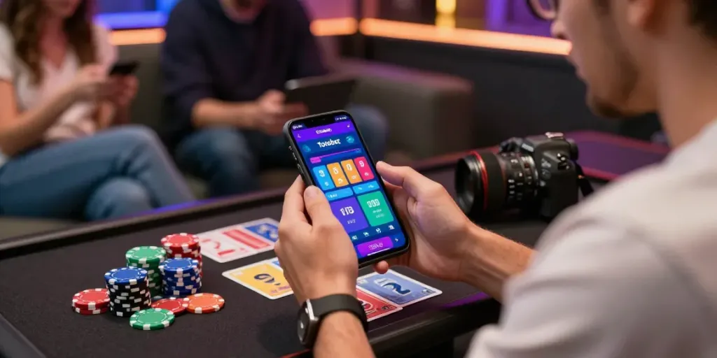 Engaging Totobet online betting scene featuring a confident player with a mobile device in a vibrant gaming environment.