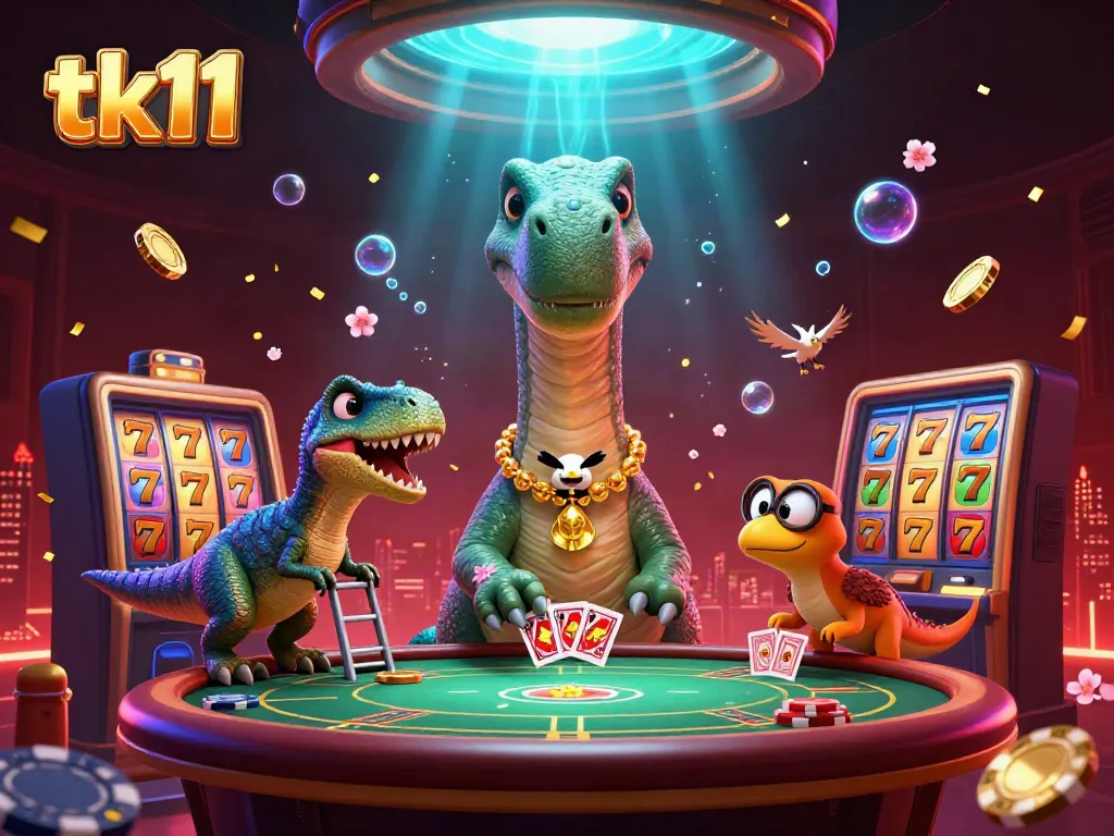 Engage in exciting gaming adventures with tk11 amidst a colorful casino scene filled with dynamic characters and elements.
