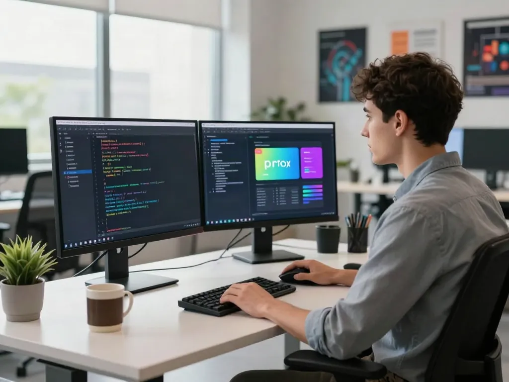 v2rayN官网 development workspace with an engineer coding, modern tech setup, vibrant screens showcasing software.