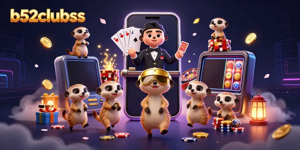 Engaging scene with meerkats managing a lively casino, featuring b52clubsss