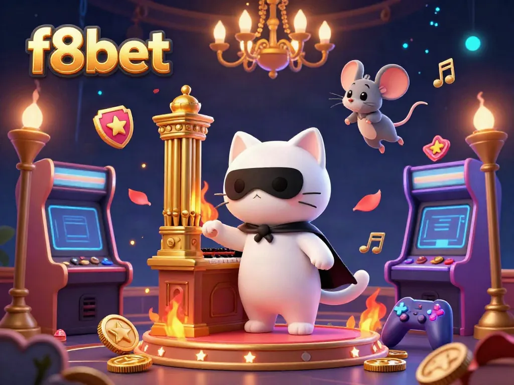 Experience exciting gaming at f8bet, featuring a phantom cat and acrobat in a vibrant casino scene.