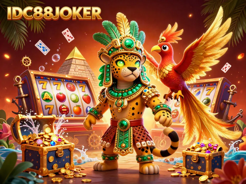 Engage with IDC88JOKER's thrilling casino experience showcasing dynamic slot reels and lucky symbols.