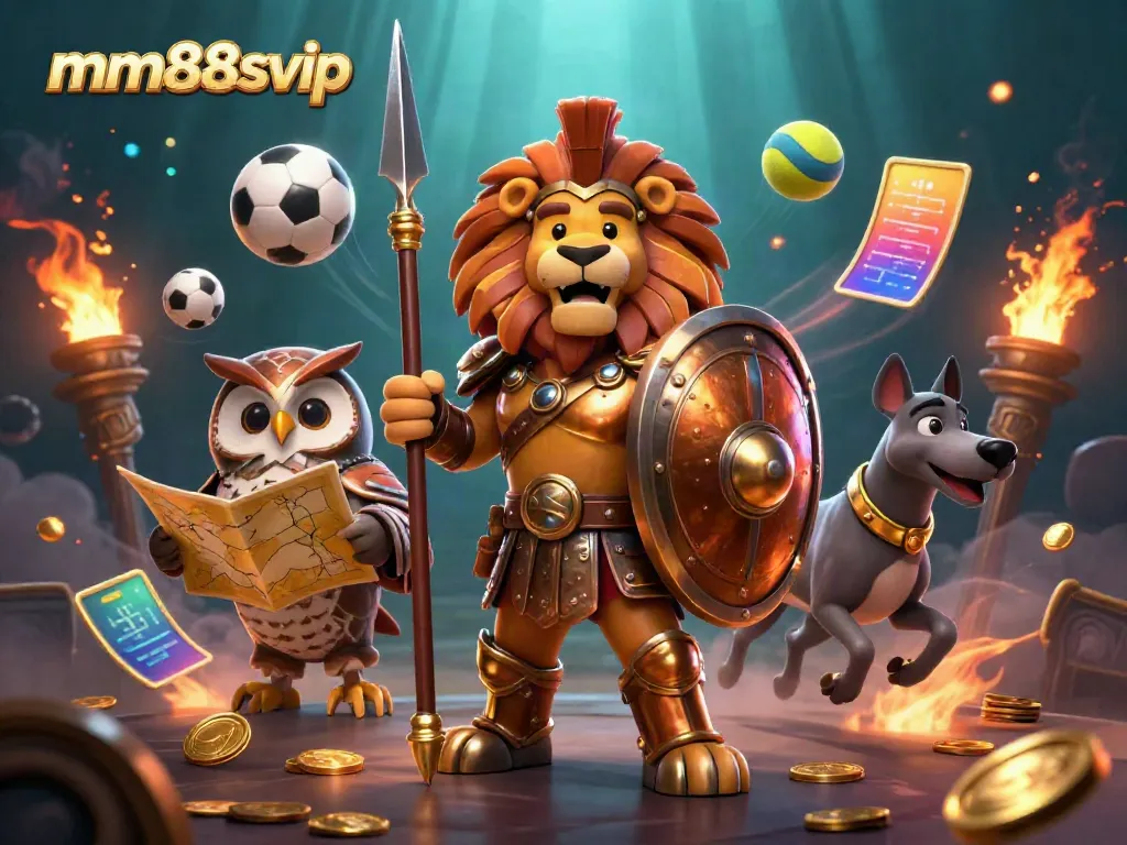 Win big with MM88SVIP in this vibrant 3D illustration packed with casino elements and strategy.
