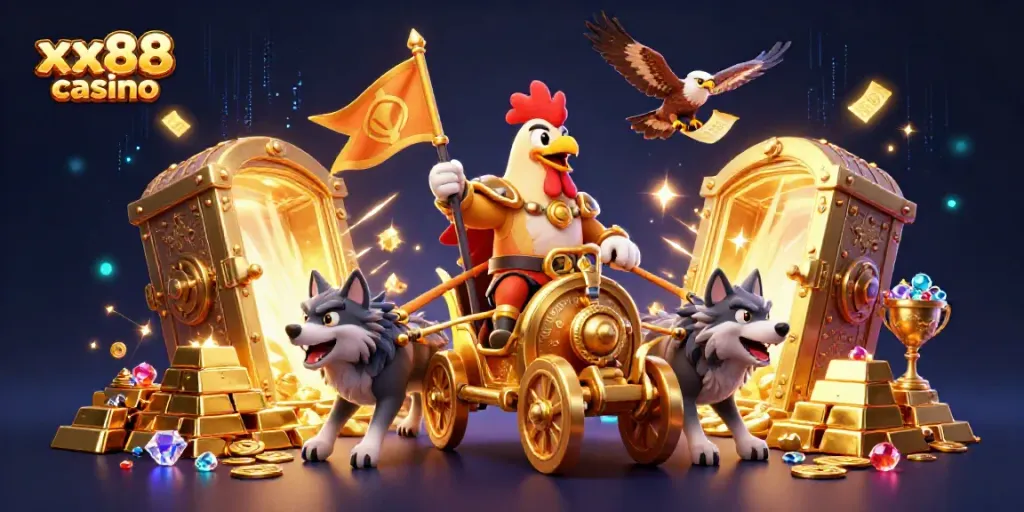 Experience thrilling gameplay with the xx88 casino's dynamic rooster warlord scene overflowing with riches.
