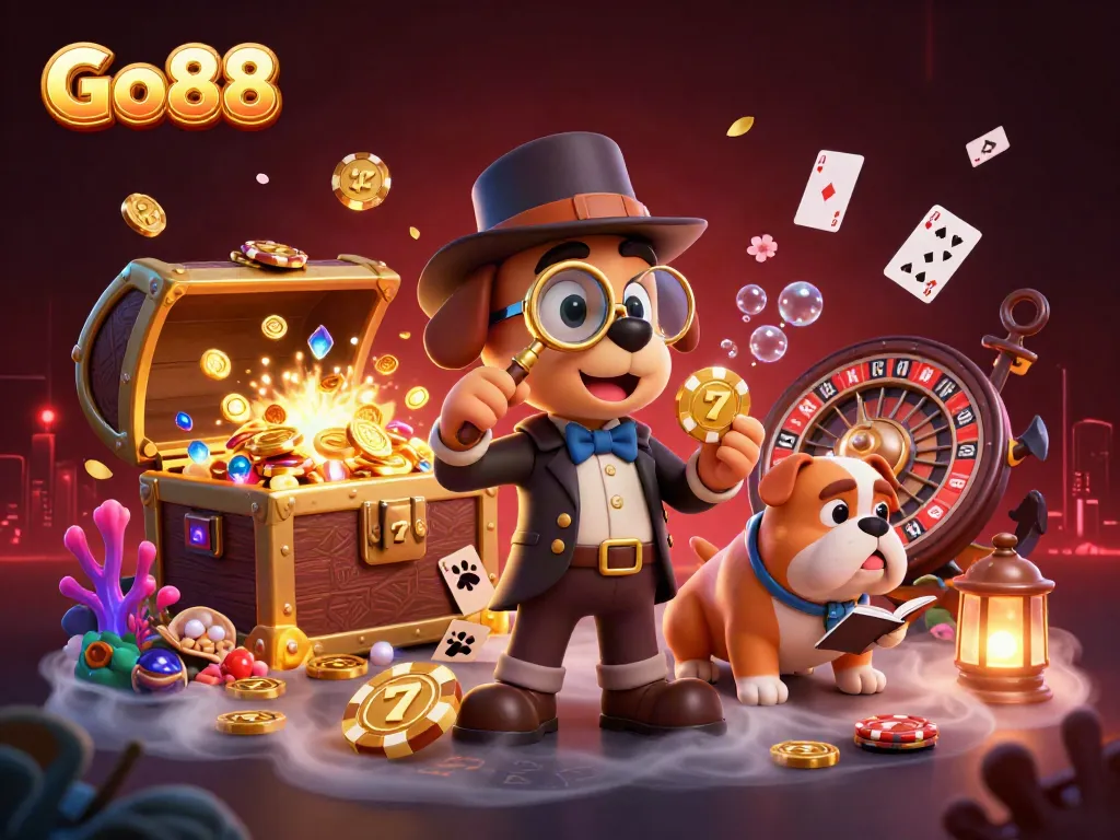 Win big at Go88 with this 3D illustration of a detective uncovering poker chip clues amidst a vibrant casino scene.