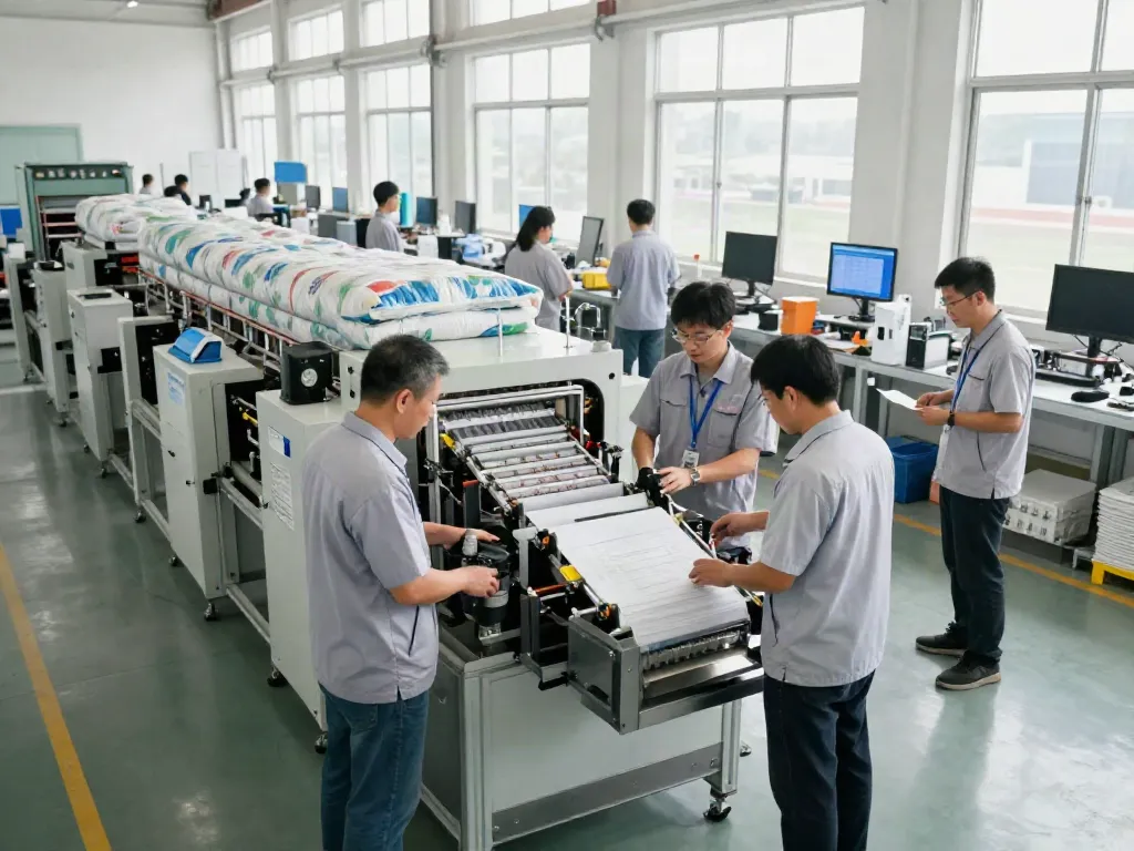 Collaborative efforts of packaging equipment manufacturer engineers inspecting open-mouth bagging machines in a production facility.