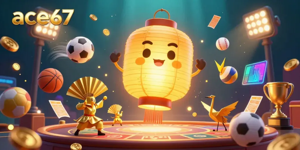 Experience winning thrills at ace67 with a vibrant casino scene filled with dynamic sports elements and glowing characters.