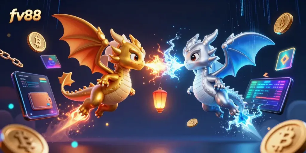 Engage with the thrilling world of fv88, featuring dynamic dragon characters amidst rich casino-themed visuals.
