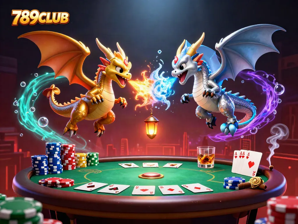 Experience thrilling gameplay with 789CLUB's dynamic casino scene featuring dragons and poker elements.