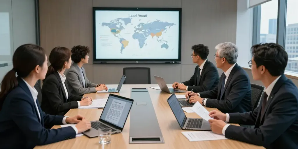 Lead Roedl team collaborating in a modern law office, discussing international legal matters