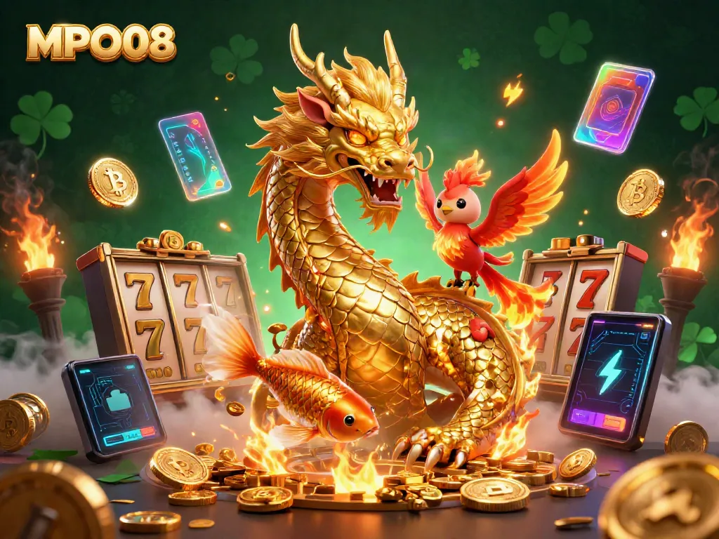 MPO08 offers a vibrant casino scene with a golden dragon, red phoenix, and koi fish amidst slot machines and cryptocurrency coins.