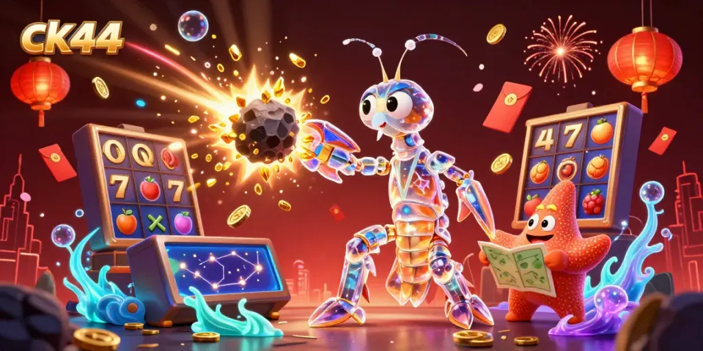 Engage with ck44 through an energetic scene of a galactic samurai and treasure in a vibrant casino setting.