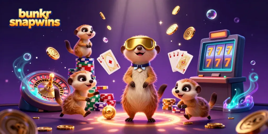Engaging scene of meerkats operating a casino with "bunkr snapwins" theme, showcasing dynamic gaming elements.
