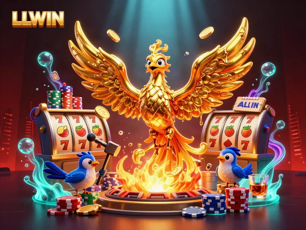 Engage with LLWIN's online gaming world featuring a majestic golden phoenix amidst vibrant casino elements.