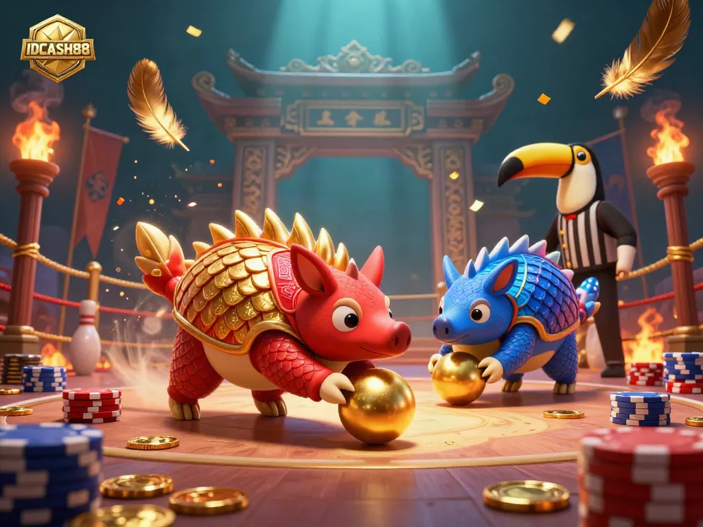 Experience thrilling competition in a vibrant IDCASH88-themed 3D digital illustration with pangolins amid poker chips.
