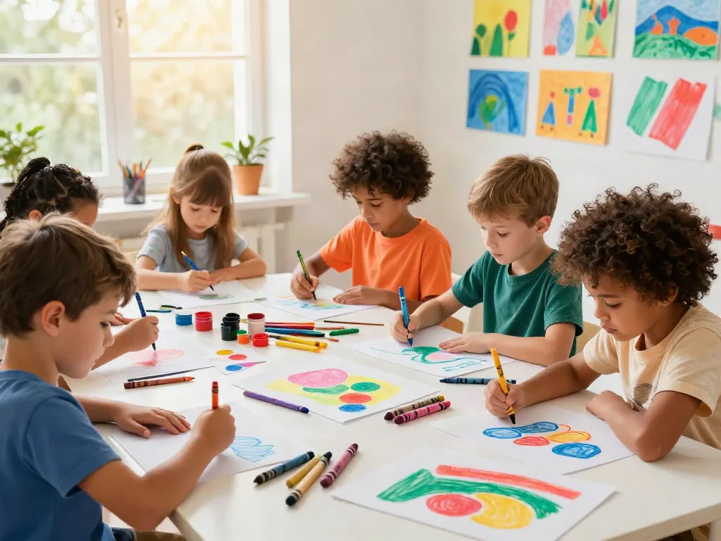 Children using crayons in an engaging art studio showcasing crayon manufacturers' colorful products.