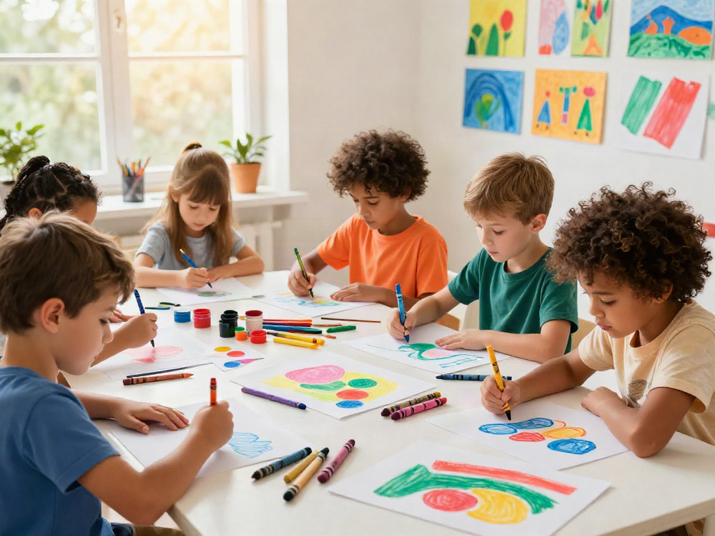 Children using crayons in an engaging art studio showcasing crayon manufacturers' colorful products.