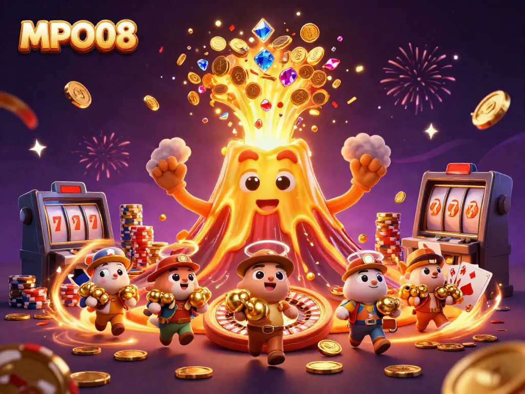 Experience the excitement of MPO08 as golden coins and treasures erupt around a victorious volcano.
